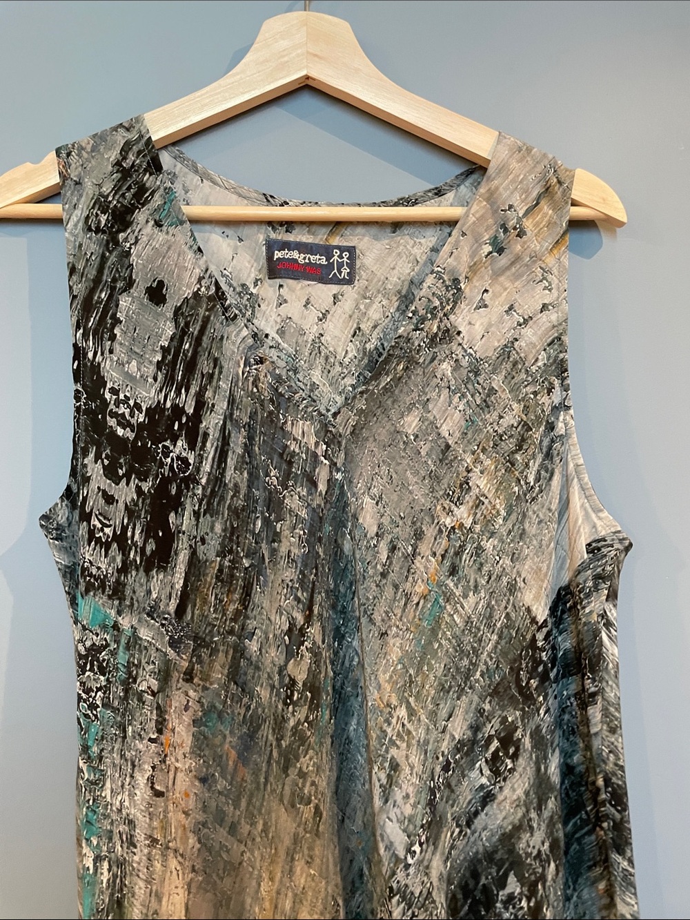Johnny Was Arowal Silk Sleeveless Abstract Print Maxi Dress in Teal and Gray - Picture 6 of 9